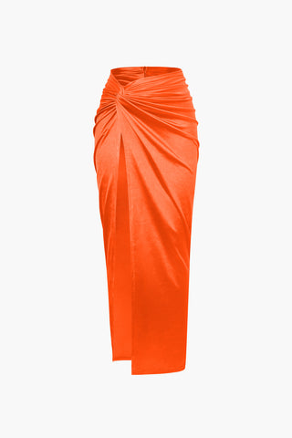 Twist Detail High Slit Midi Skirt (S / ORANGE)