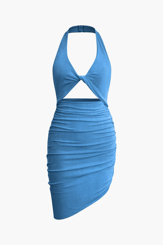 Twist Halter Cut Out Backless V-neck Midi Dress (L / BLUE)