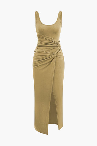 Twist Ruched Slit Sleeveless Midi Dress (XS / KHAKI)