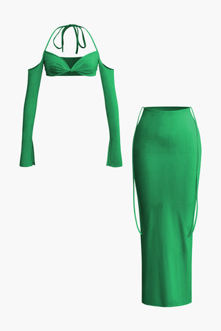 Twist Tie Halter Long Sleeve Bra Top And Maxi Skirt Set (M / GREEN)