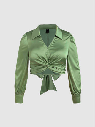 Twisted Tie Back Satin Top Curve & Plus (4XL / Green)