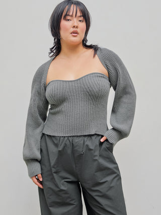 Two-Piece Rib Knit Long Sleeve Crop Top With Shrug Curve & Plus