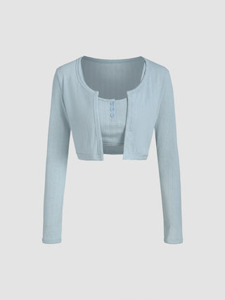 Two-Piece Solid Button Up Long Sleeve Top (S / Sky Blue)