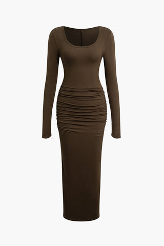 U-neck Long Sleeve Back Slit Maxi Dress (L / COFFEE)