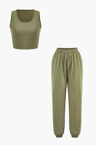 U-neck Tank Top And Drawstring Waist Pants Set (L / MILITARY)