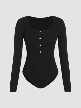 U-neckline Button Knitted Long Sleeve Top