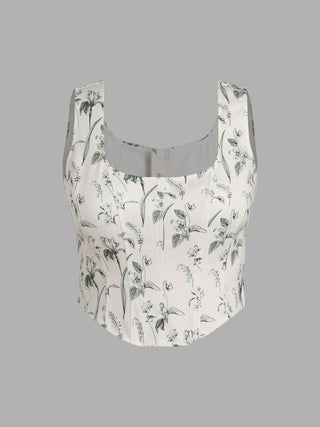 U-neckline Floral Sleeveless Crop Top Curve & Plus (2XL / Beige)