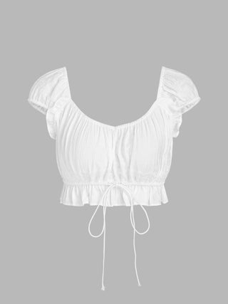 U-neckline Ruched Knotted Ruffle Hem Crop Top