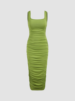 U-neckline Ruched Midi Dress