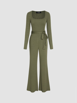 U-neckline Solid Belted Flared Jumpsuit