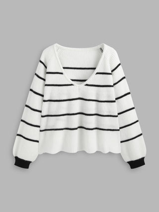 U-neckline Stripe Knitted Long Sleeve Top