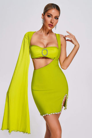 Ursula One Shoulder Pearl Mini Bandage Dress (S / Green)