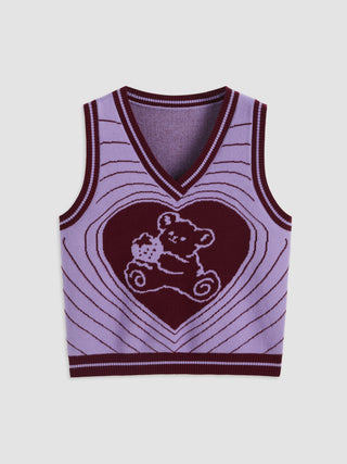 V-neck Bear Heart Knitted Vest