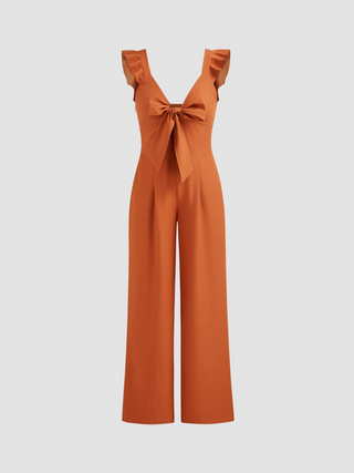 V-neck Bowknot Pocket Solid Jumpsuit