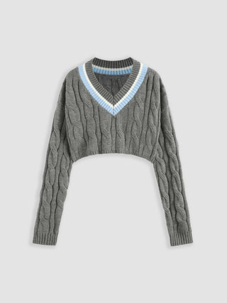 V-neck Cable Knit Long Sleeve Crop Sweater