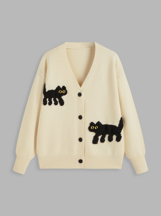 V-neck Cat Pattern Button Knitted Cardigan