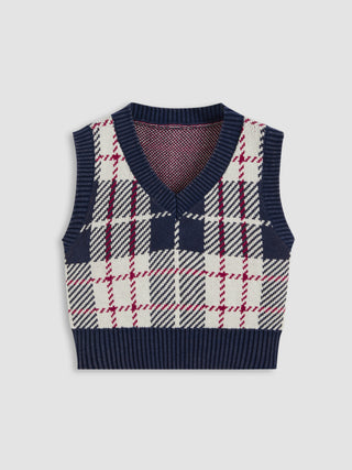 V-neck Check Knitted Crop Vest