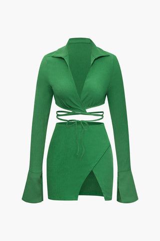 V-neck Collar Tie Bell Sleeve Top And Split Mini Skirt Set (L / GREEN)