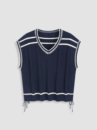 V-neck Drawstring Rib Knit Vest Curve & Plus