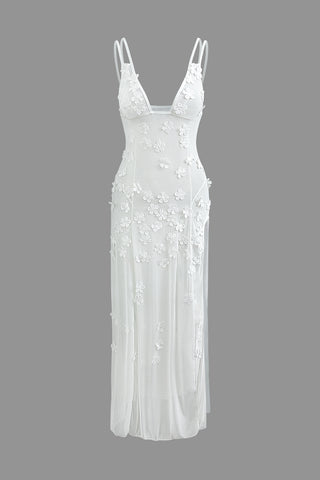 V-neck Floral Applique Sheer Mesh Slit Maxi Dress (L / WHITE)