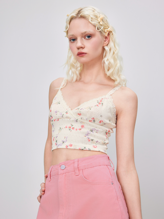 V-neck Floral Lace Crop Cami Top (L / Cream)