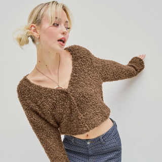 V-neck Fuzzy Button Cardigan