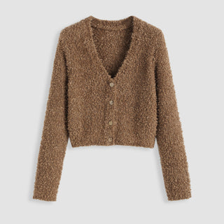 V-neck Fuzzy Button Cardigan