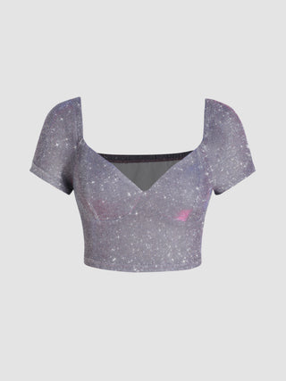 V-neck Glitter Crop Short Sleeve Blouse