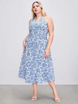 V-neck Halter Backless Floral Ruffle Midi Dress Curve & Plus