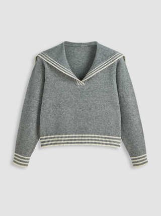 V-neck Knit Sailor Collar Wool-blend Long Sleeve Sweater Curve & Plus