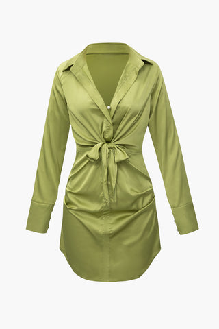 V-neck Knot Detail Long Sleeve Mini Shirt Dress (S / GREEN)