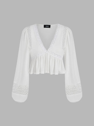 V-neck Lace Ruffle Crop Blouse