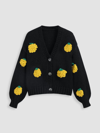 V-neck Lemon Embroidered Button Cardigan