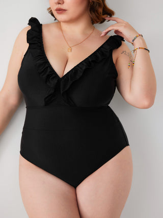 V-neck Lettuce Trim Shaping One Piece Swimsuit Curve & Plus