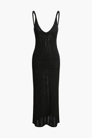 V-neck Open Knit Maxi Dress (S / BLACK)