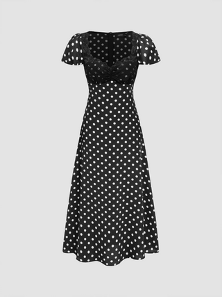 V-neck Polka Dot Lace Trim Midi Dress