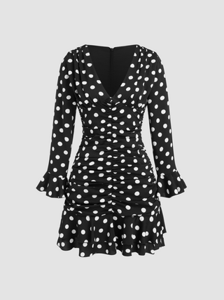 V-neck Polka Dot Ruched Ruffle Hem Mini Dress