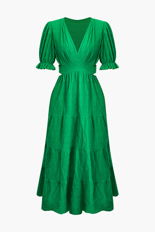 V-neck Puff Sleeve Tie Back Midi Dress (S / GREEN)