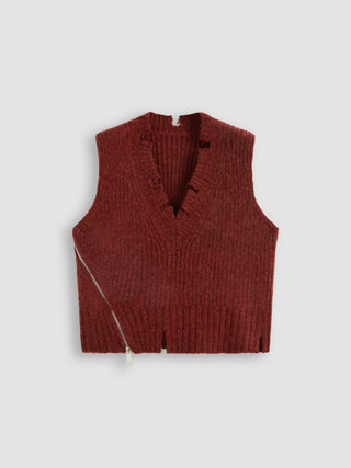 V-neck Ripped Zipper Knitted Vest