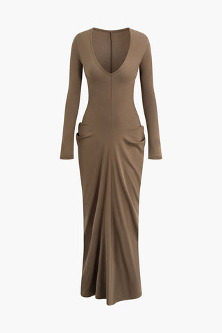 V-neck Ruched Detail Long Sleeve Midi Dress (S / COFFEE)