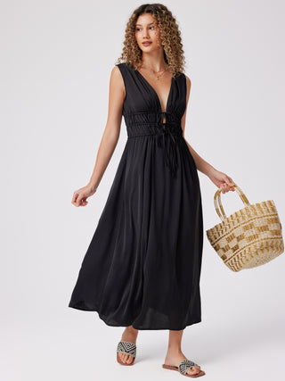 V-neck Ruched Ruffle Maxi Dress