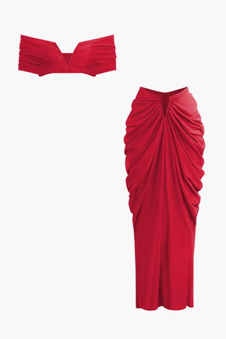 V-neck Ruched Top And V-shape Cut Waist Maxi Skirt Set (XL / RED)