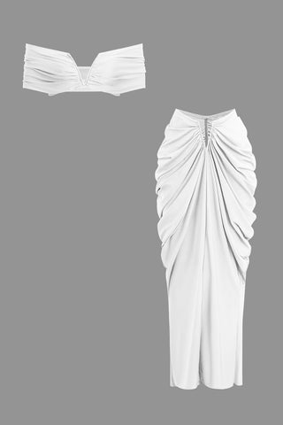 V-neck Ruched Top And V-shape Cut Waist Maxi Skirt Set (XL / WHITE)