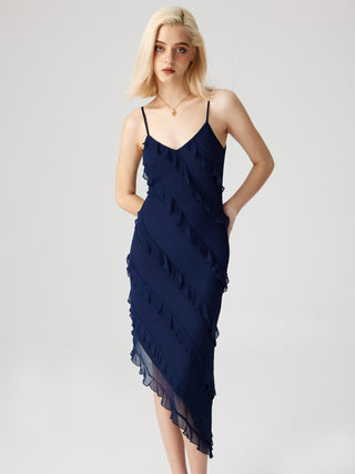 V-neck Ruffle Hem Sleeveless Midi Dress