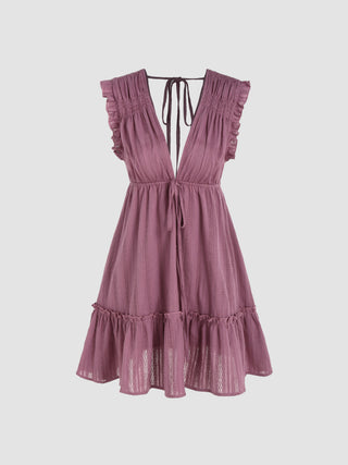 V-neck Ruffle Tie Back Mini Dress