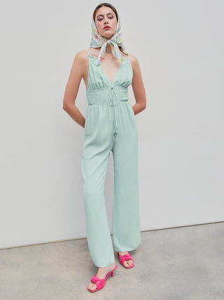 V-neck Shirred Knotted Jumpsuit