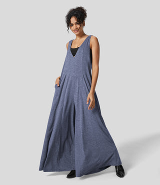 V Neck Side Pocket Draped Wide Leg Flowy Casual Jumpsuit