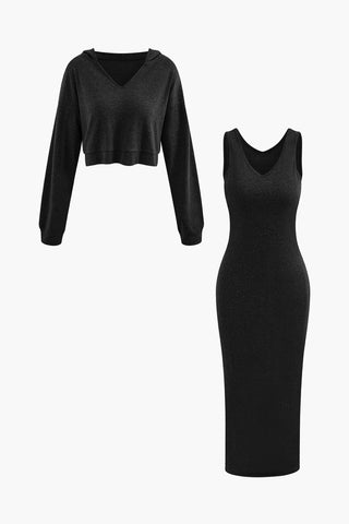 V-neck Sleeveless Maxi Dress And Hooded Crop Sweatshirt Set (L / BLACK)