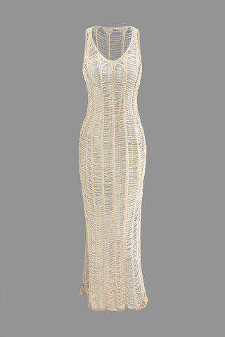 V-neck Sleeveless Open Knit Slit Dress (L / BEIGE)