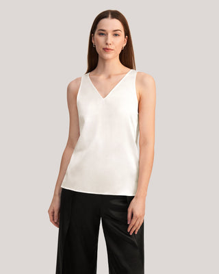 V-Neck Sleeveless Silk Tank Top (Natural White / 10)